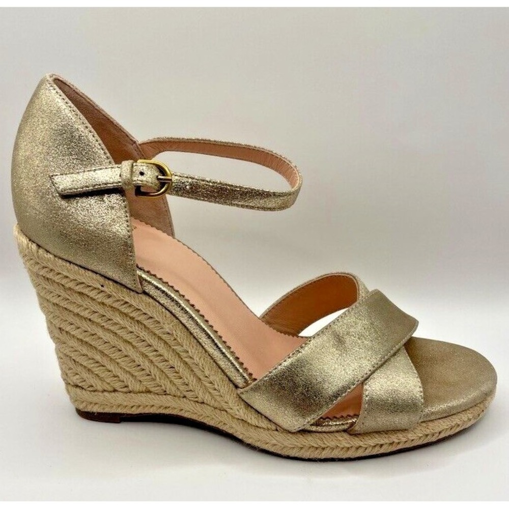 J Crew Espadrille Womens Size US 8.5 Gold Leather Wedge Sandals NWOB